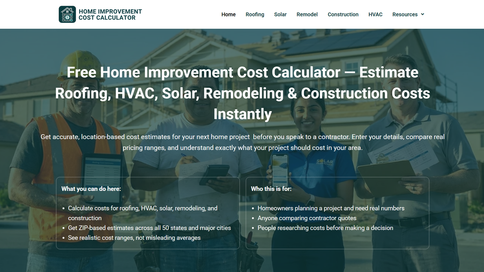 Home Improvement Cost Calculator Website
