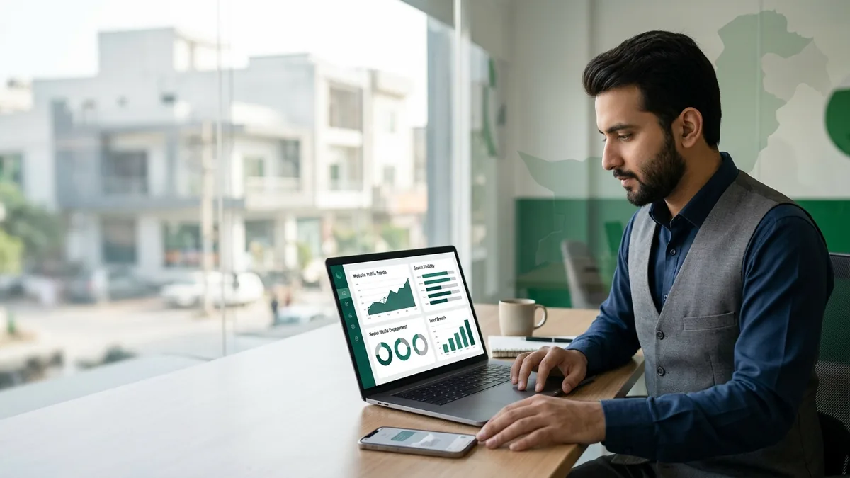Pakistani small business owner reviewing digital marketing, SEO and social media performance on a laptop.