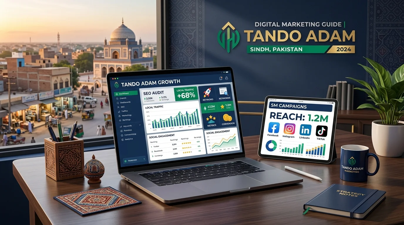 Digital marketing in Tando Adam illustration showing local SEO, website development and social media strategy for business growth