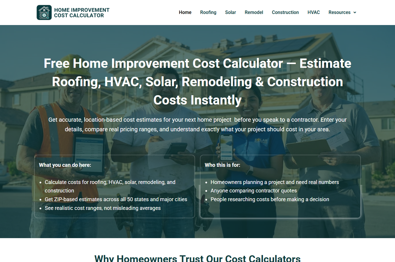 Home Improvement Cost Calculator Website